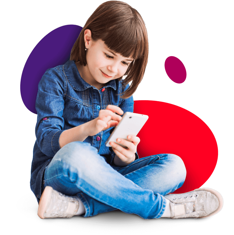 Kid using mobile phone on colourful background