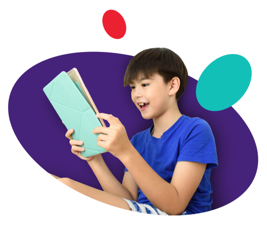 Kid in blue t-shirt uses tablet device on purple background